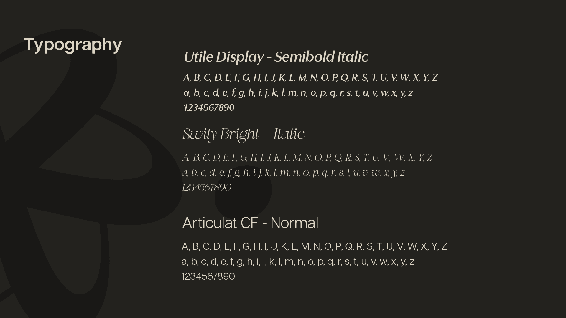 Black background with cream text detailing typography pairings.