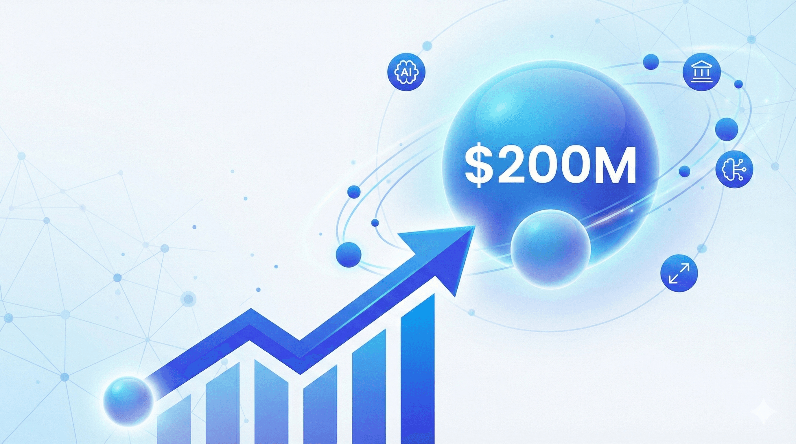 A blue, upward-trending financial graph with a large sphere displaying "200M," surrounded by icons representing various business sectors, symbolizes Glean's achievement of 200m ARR.