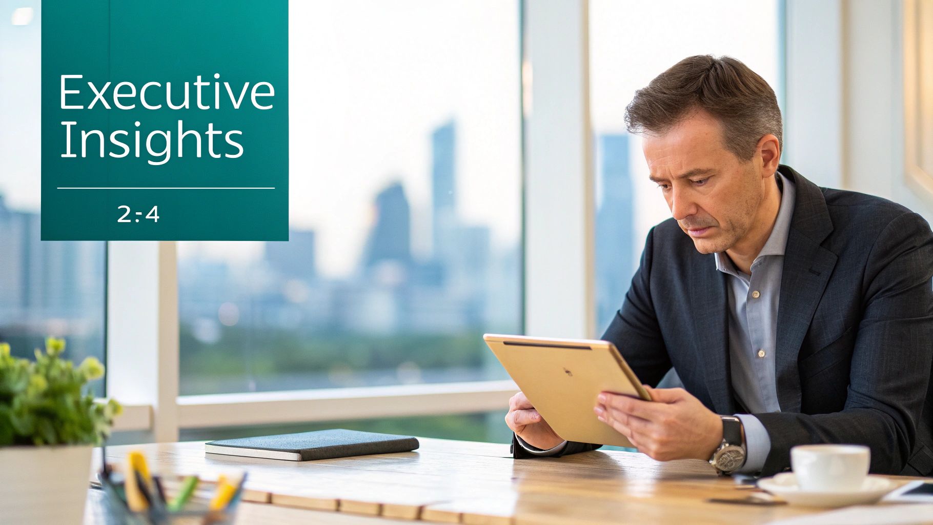 An executive man reviews insights on a digital tablet in a modern office with a city view.