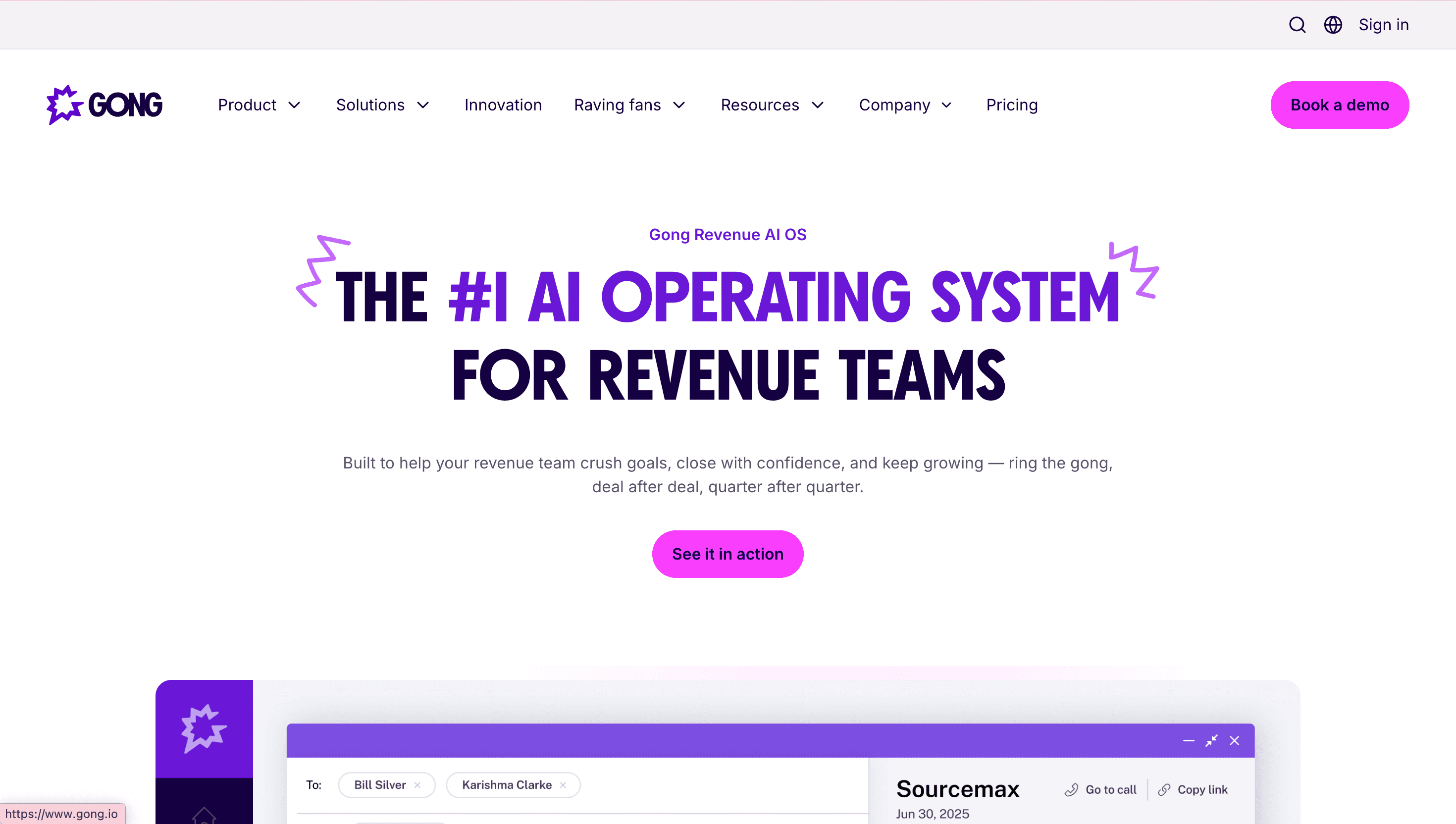 Gong conversation intelligence platform showing call transcript analysis and deal risk insights for sales teams.