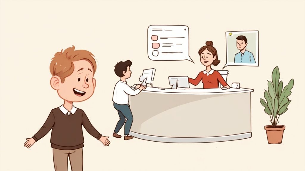 A hotel employee using a tablet for customer service training, with digital icons floating around her.