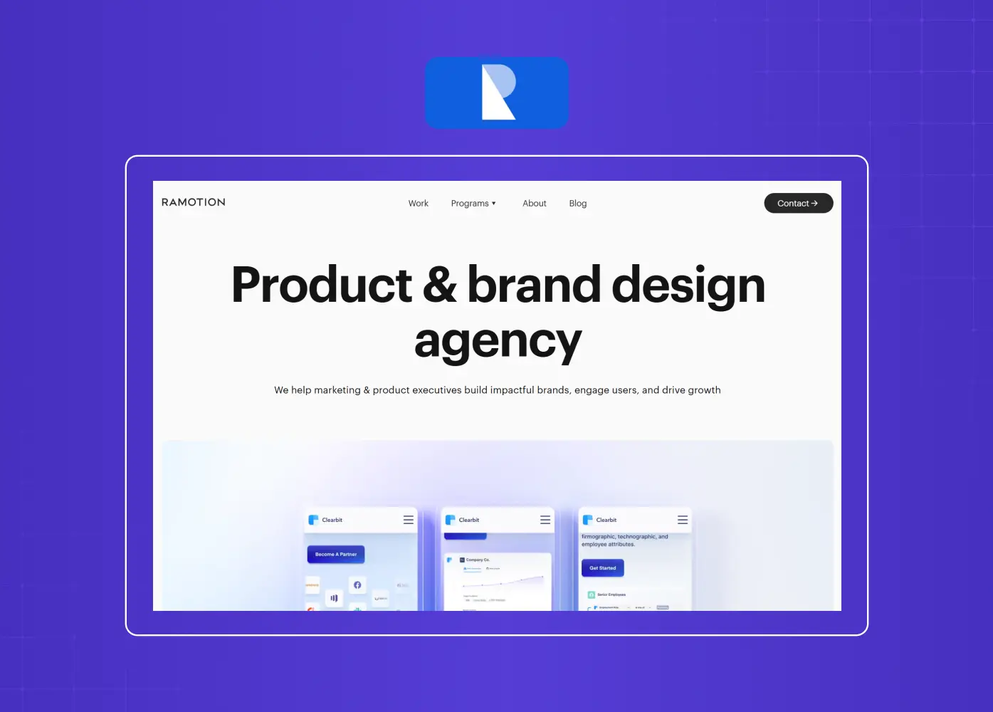 Minimalist product and brand design agency homepage with bold typography, clean spacing, and polished product showcases.