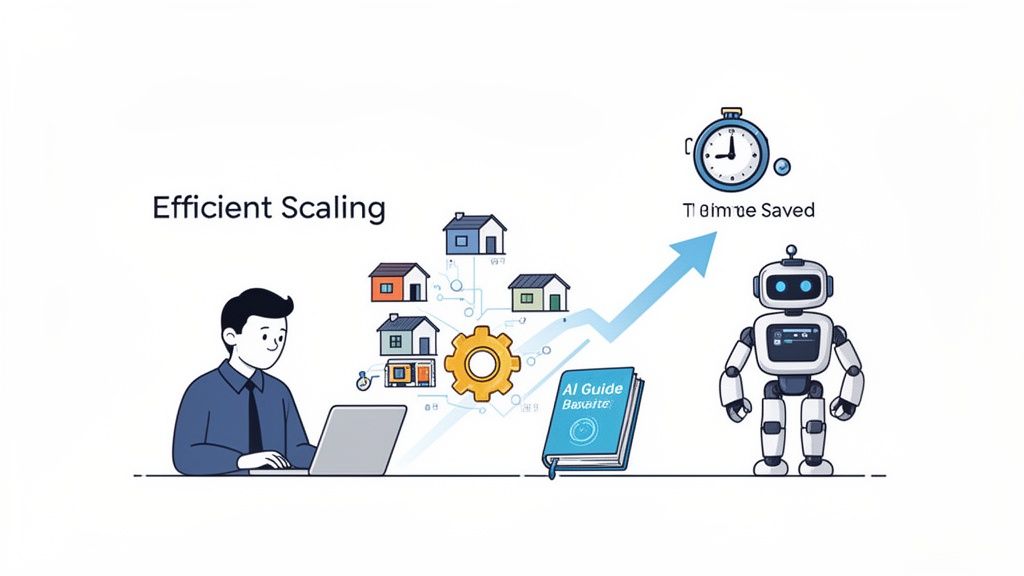 Illustration of a man using a laptop to efficiently manage and scale multiple properties with AI, saving time.