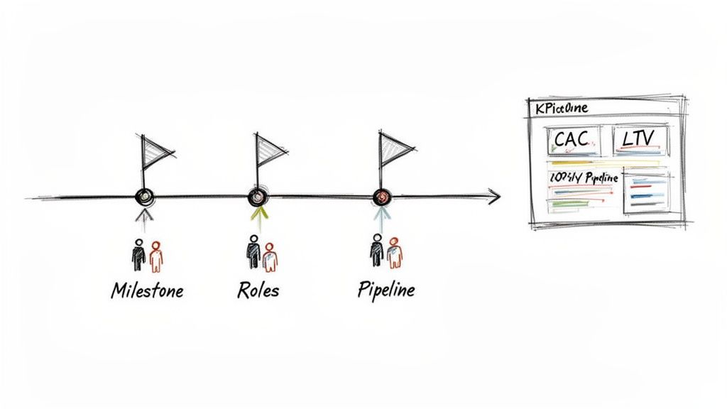 Illustration showing a project timeline with milestones, roles, and a pipeline, integrating with a KPI dashboard.
