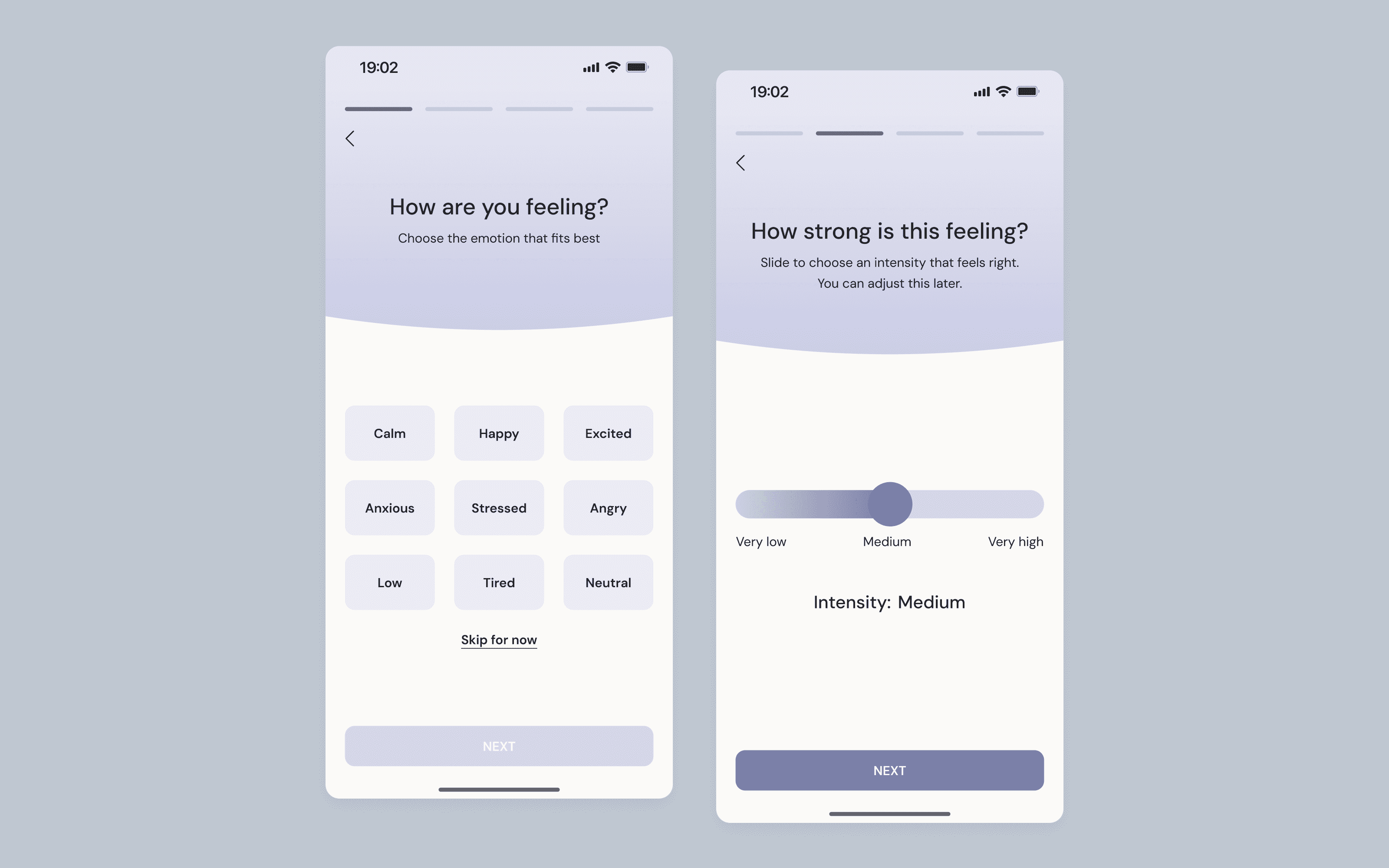 Mood selection and mood intensity screens