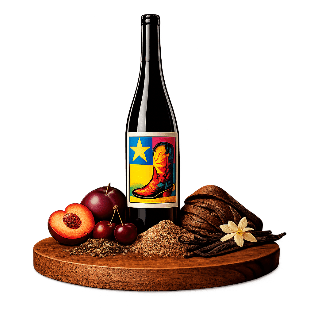 Artistic label and flavor profile for Texas High Plains Red on a rustic wooden table.