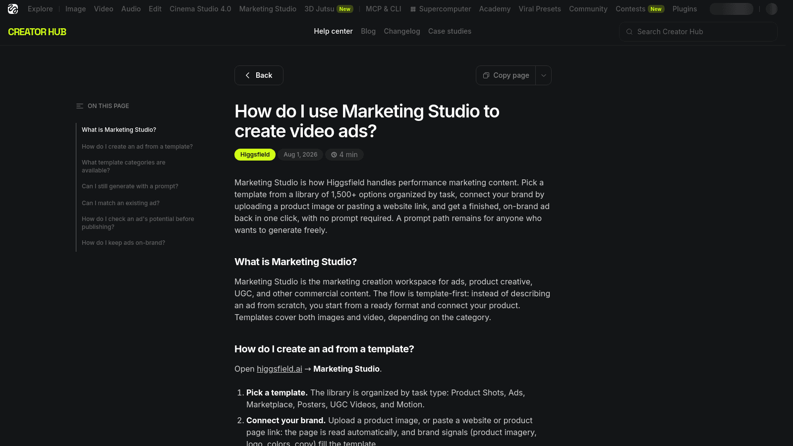 A Higgsfield Creator Hub help center article on using Marketing Studio to create video ads.