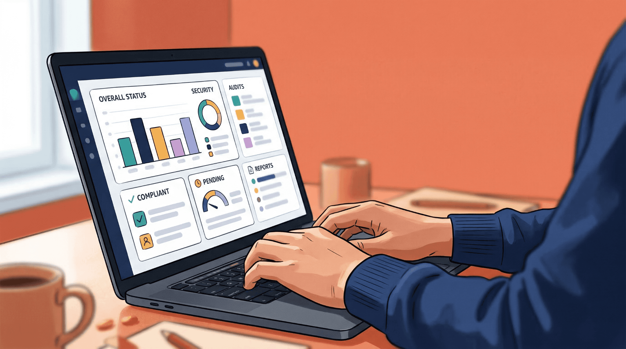 Pharmaceutical marketing and compliance team reviewing promotional materials in a modern office