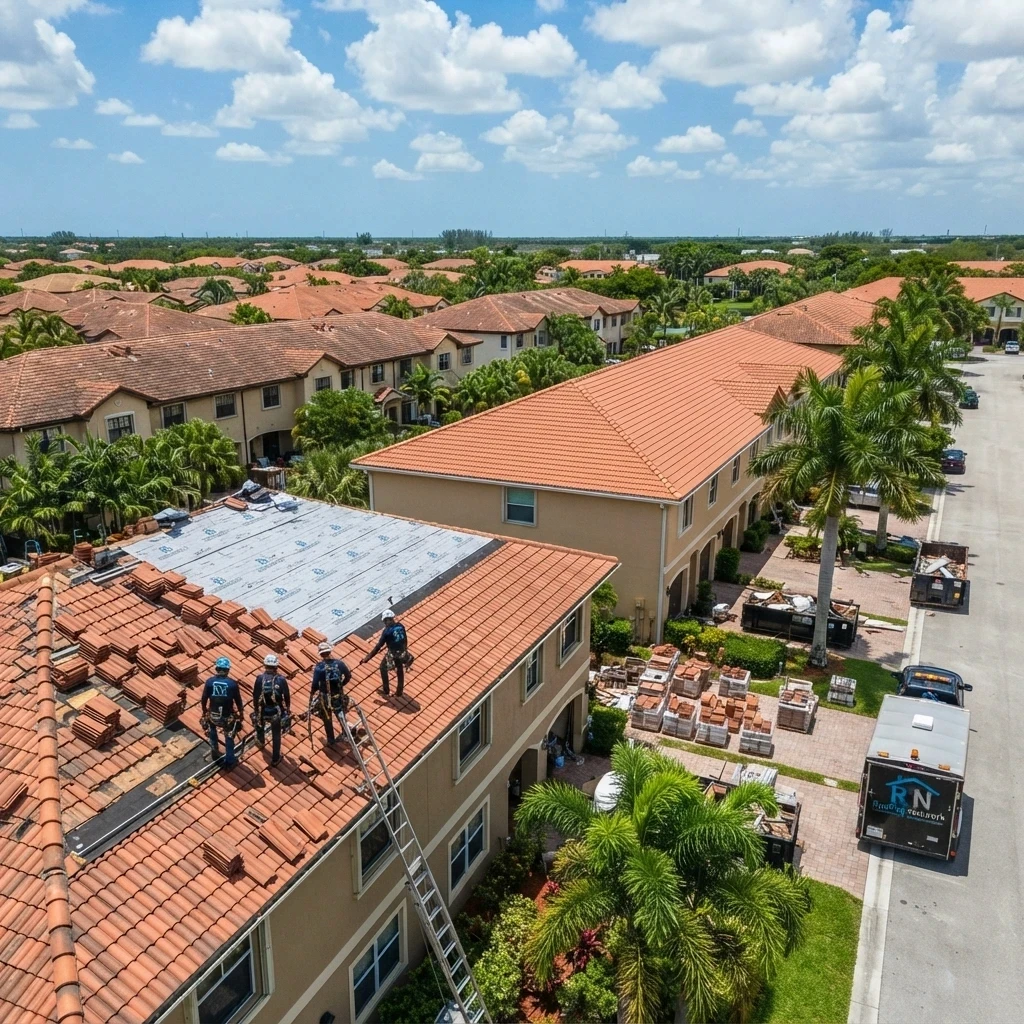 Phased roof replacement across a South Florida HOA community with staged materials and crew access