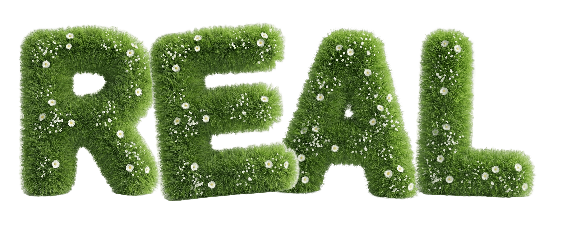The image features the word "REAL" depicted in large, three-dimensional letters covered entirely in lush green grass, accented with small white flowers, conveying a natural and eco-friendly theme.