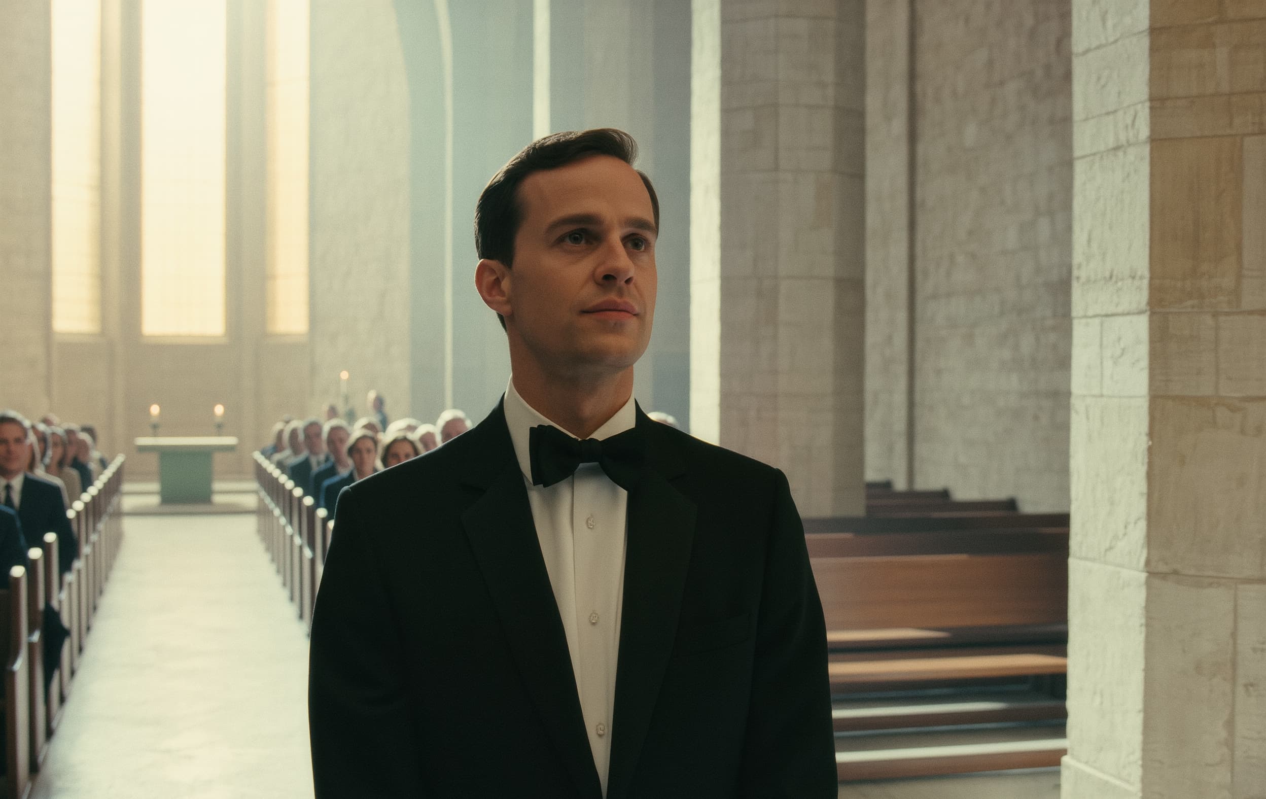 Groom in tuxedo standing alone in minimalist church interior