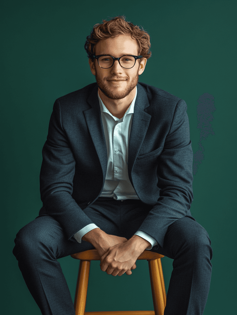 Young business professional sitting on a stool.