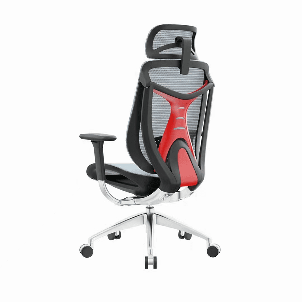 Rear view of a modern ergonomic office chair featuring a breathable grey mesh backrest, a bold red Y-shaped lumbar support frame, and a polished aluminum alloy base on a white background