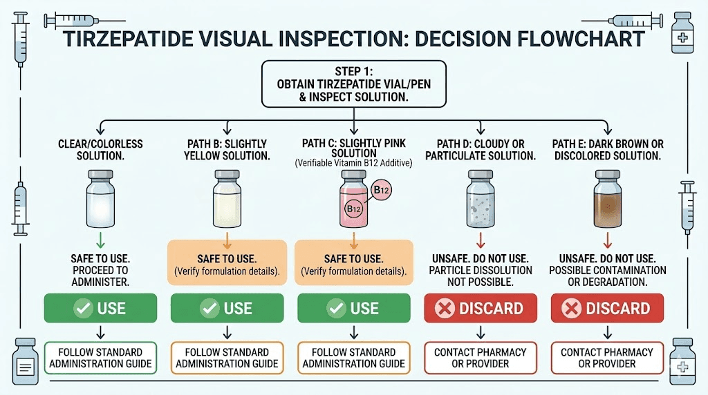 Tirzepatide color inspection decision flowchart when to use or discard
