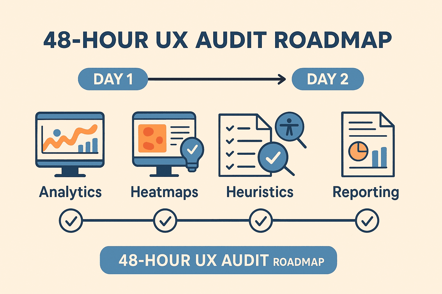 “Flat illustration showing a 48-hour UX audit roadmap with Day 1 and Day 2 timeline, including icons for analytics, heatmaps, heuristics evaluation, accessibility checks, and final reporting.”
