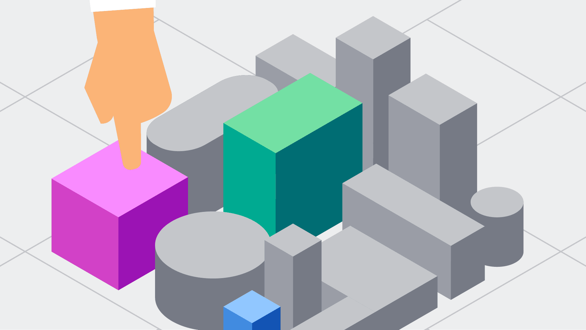 Vector illustration of a symbolic isometric city scene with a hand pusing one building down. Grey colors with certain building highlighted in pink and green.