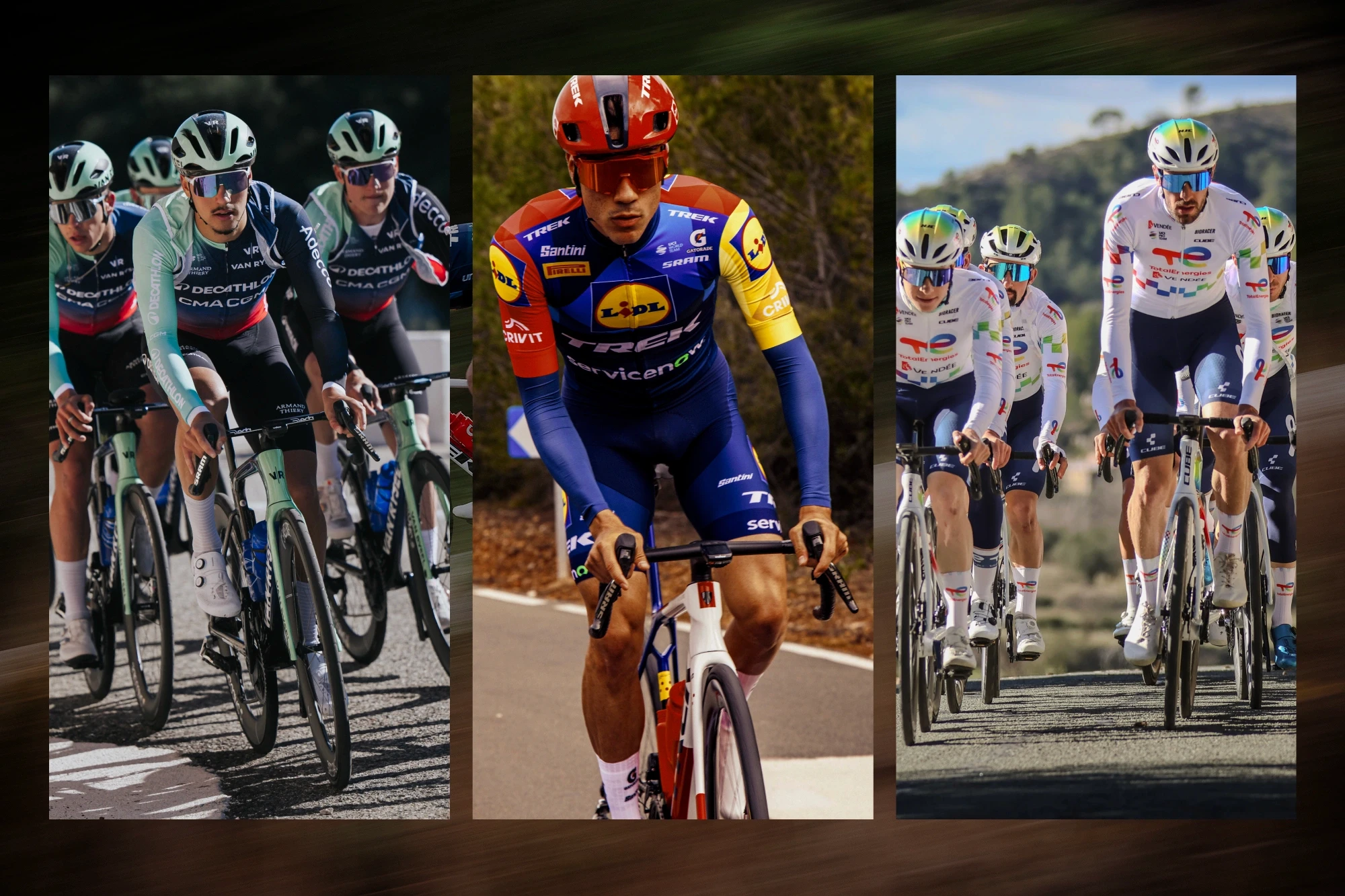 Three of Vekta's partner WorldTour teams: Decathlon CMA CGM in a group on the road, a Lidl-Trek rider on the drops, and TotalEnergies riders climbing in formation