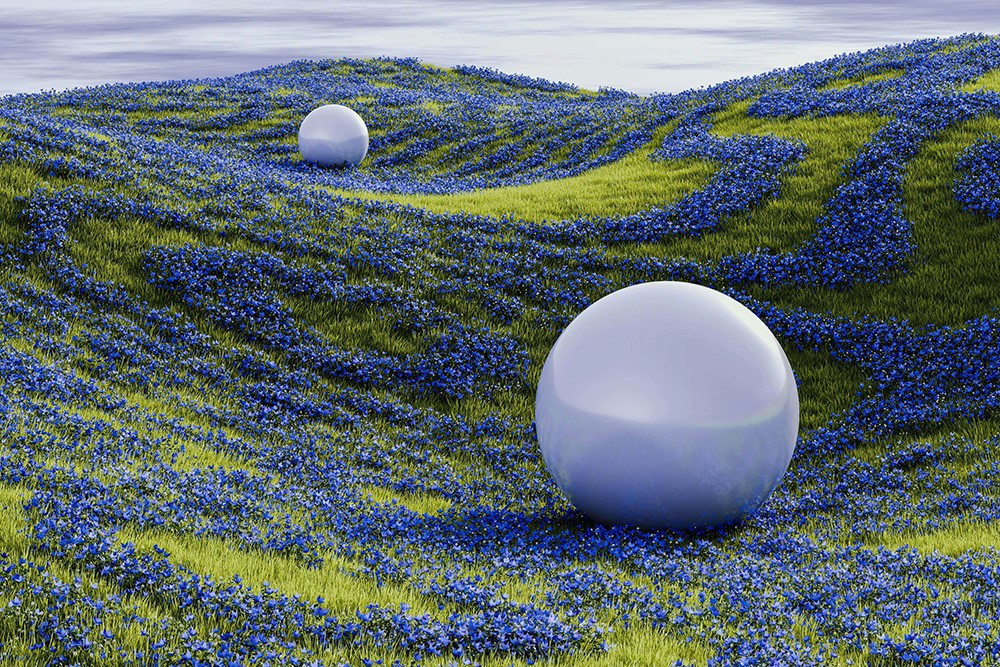 Digital abstract landscape with flowing textured patterns and a smooth white sphere floating above the surface.