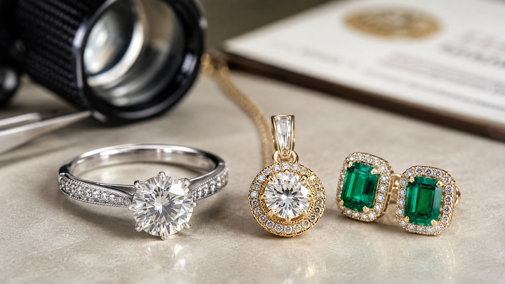 A close-up of a diamond engagement ring, a diamond pendant, and emerald stud earrings on a surface.