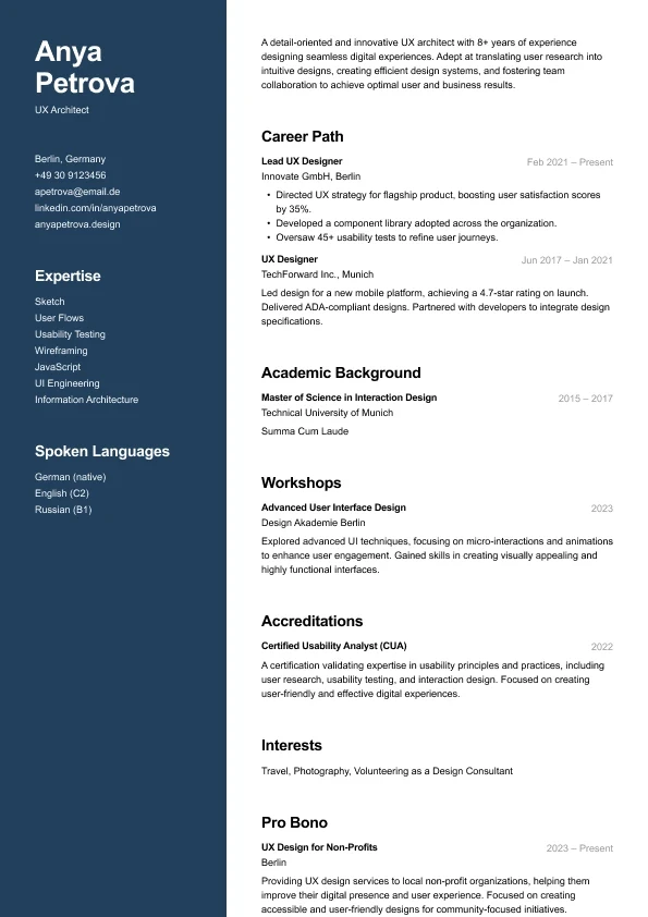 Carbon resume template — modern two-column layout for designers
