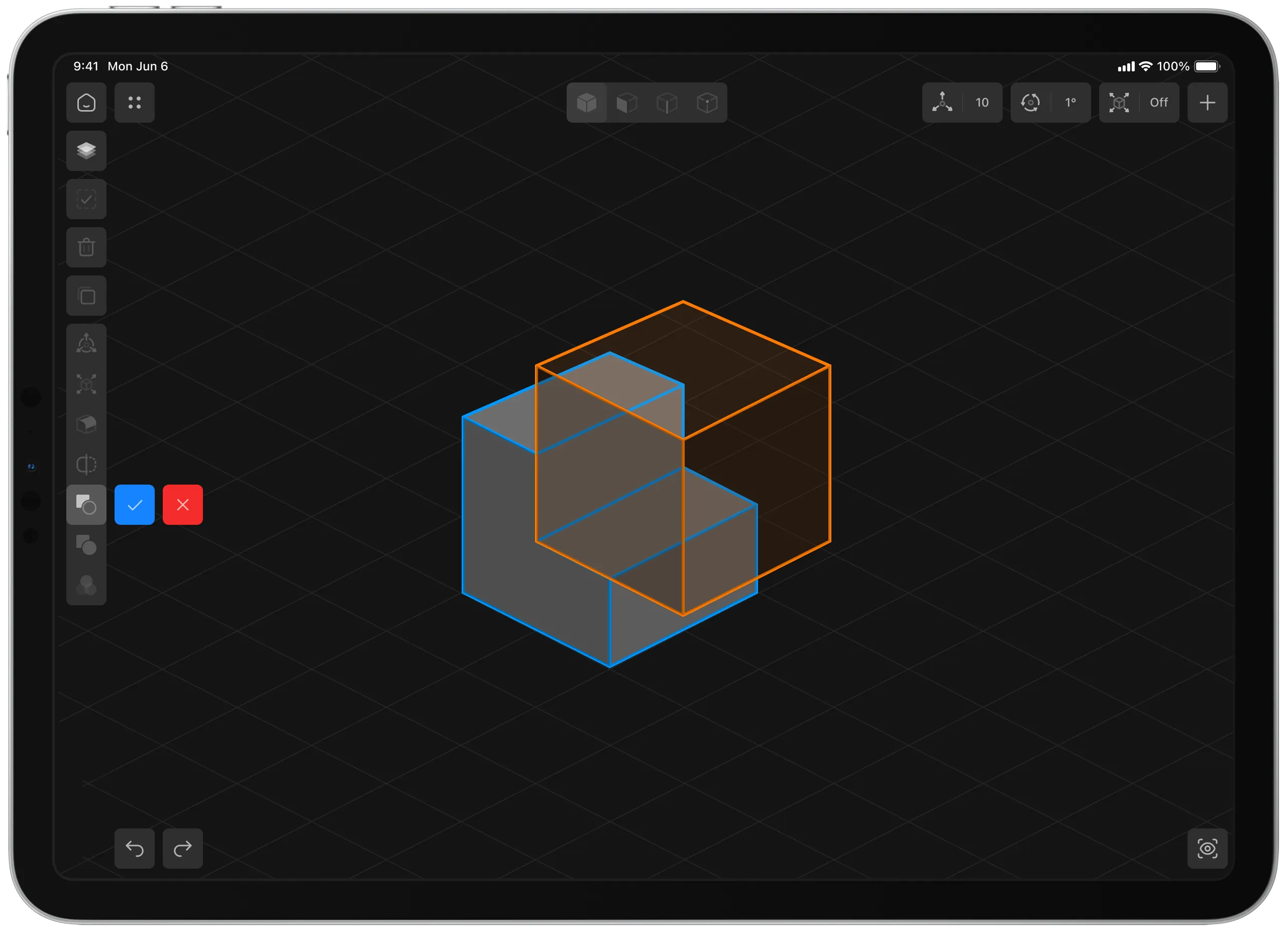 Shapeyard 3D editor interface showing two overlapping cube shapes prepared for a boolean operation.