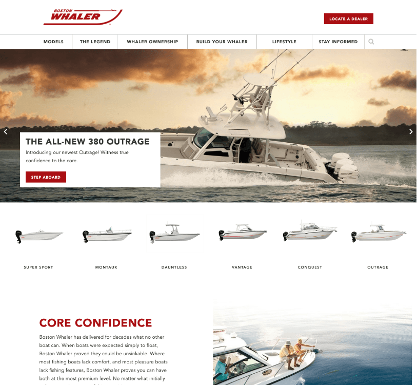 Image of Boston Whaler's website home page, designed by Bart Fish