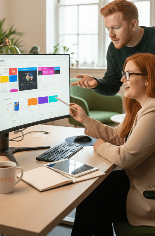 Professional web design team in Ireland collaborating on a responsive website layout for Your Marketing Story.