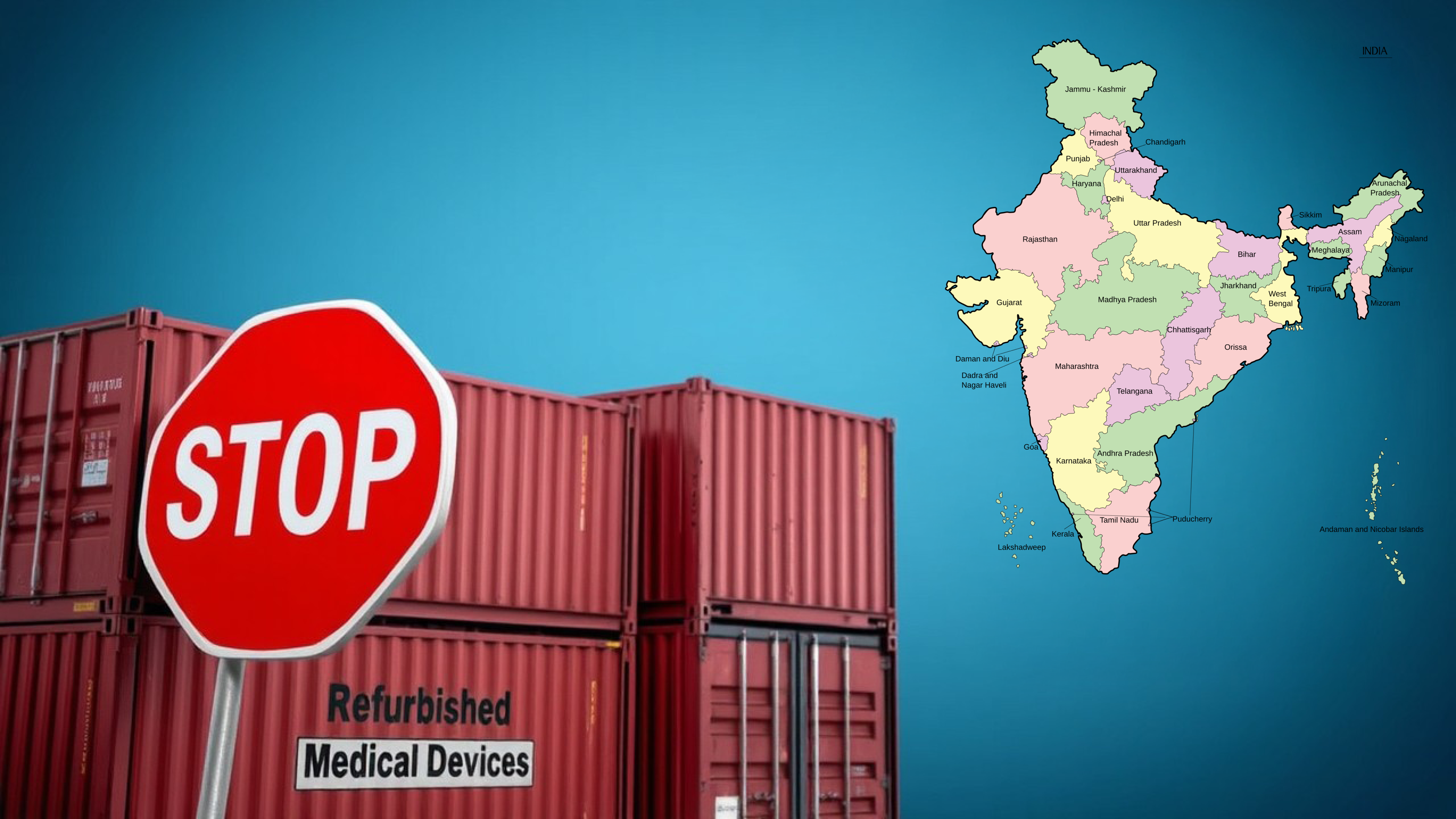 Stop sign in front of shipping containers symbolizing India's ban on refurbished medical device imports.