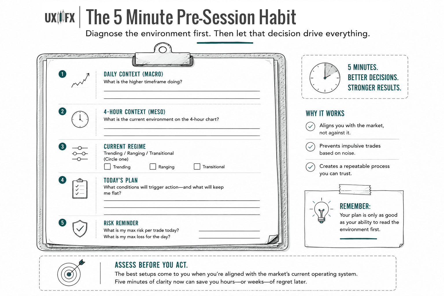 Worksheet-style infographic outlining a five-minute pre-session routine for traders. It prompts users to assess higher-timeframe context, identify the current market regime, define the day's trading plan, and review risk before looking for setups. The goal is to make disciplined, context-aware decisions before entering any trade.
