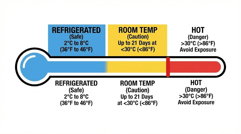 Tirzepatide temperature safety zones from refrigerator to hot car
