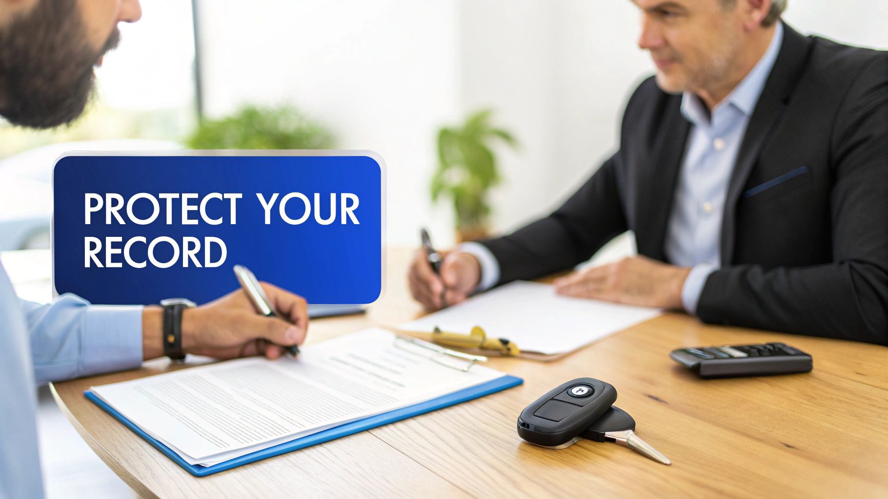 Two men signing documents at a desk, with car keys and a 'Protect Your Record' message.