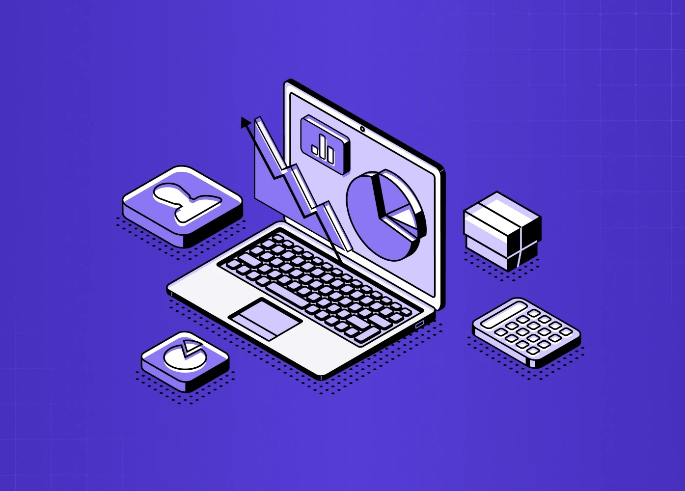 Isometric illustration of a laptop displaying analytics dashboards, charts, and performance metrics, surrounded by data-related elements like graphs, calculator, and packages. 
