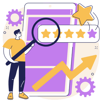 Illustration of a person holding a magnifying glass in front of a five-star rating system, with a smartphone, gears, and an upward arrow in the background.