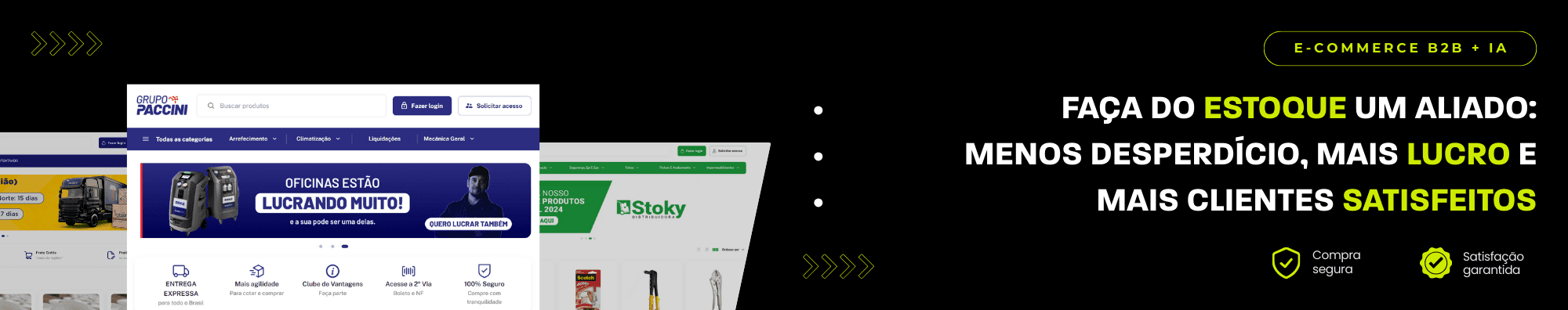 Banner horizontal com fundo escuro, ícones de segurança e satisfação, e imagens de lojas B2B exibidas à esquerda. Elementos gráficos em verde destacam o tema de e-commerce B2B com IA.