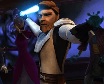 Obi-Wan wielding a blue lightsaber pointing at an enemy in front of him