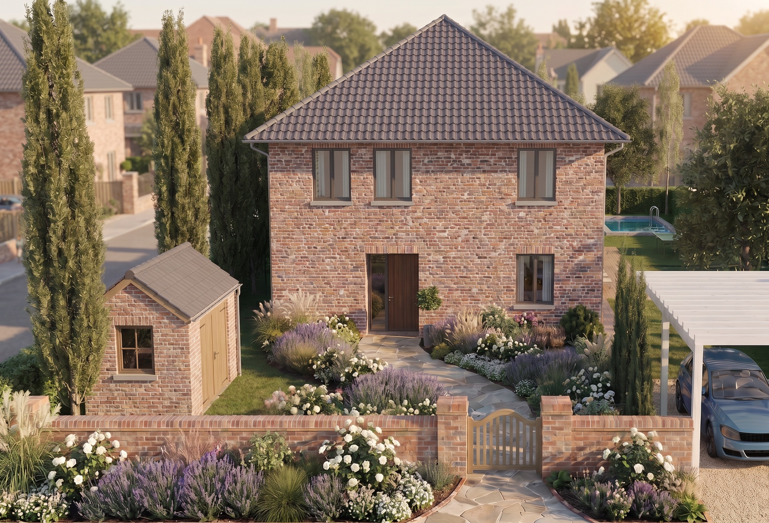 Isometrische Zeichnung eines Bauprojekts mit mehreren Gebäuden und markierten Strukturen in Rot