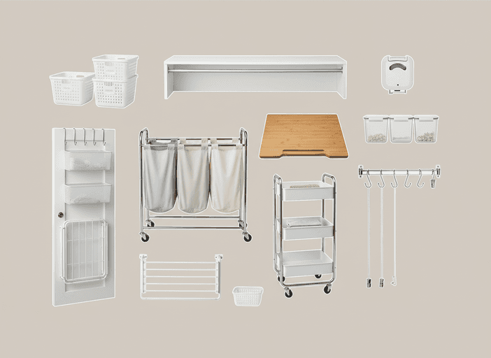 Laundry room organization essentials featuring white storage baskets, over-the-door organizers, rolling laundry hampers, utility carts, wall-mounted shelves, bamboo folding board, hanging hooks, clear storage containers, over washer storage shelf, wall-mounted fold dryer, slim laundry cart, labeled storage bins, retractable indoor drying rack, utility bags, laundry baskets, wooden brush, and folded towels for efficient and space-saving laundry room storage solutions.