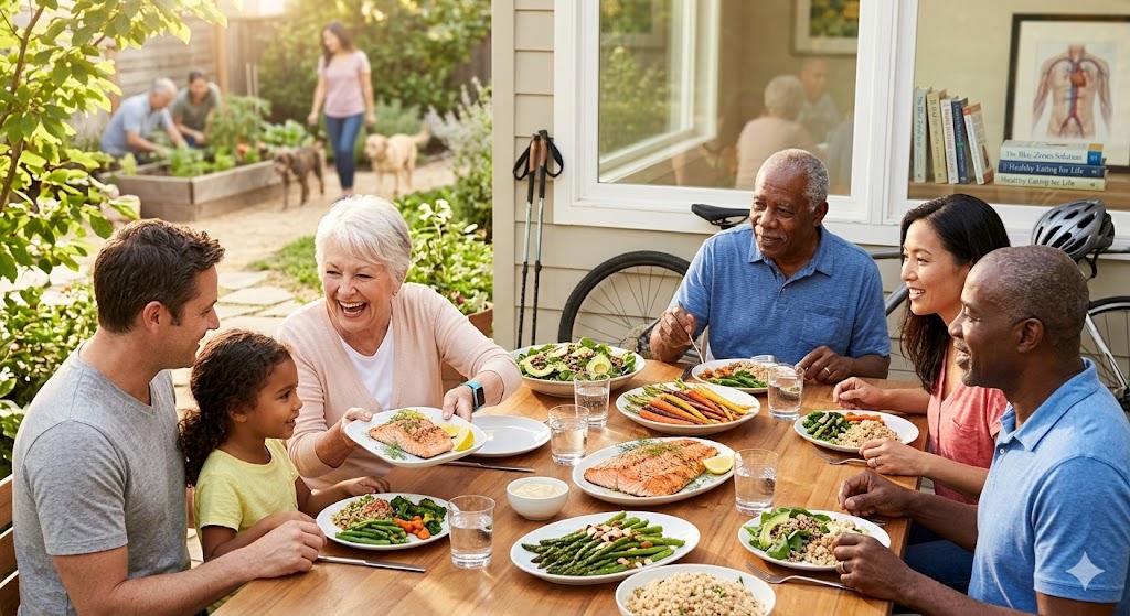 A diverse, multi-generational family shares a healthy outdoor dinner featuring roasted salmon, asparagus, carrots, a large salad, and whole grains, illustrative of a balanced diet and active lifestyle.