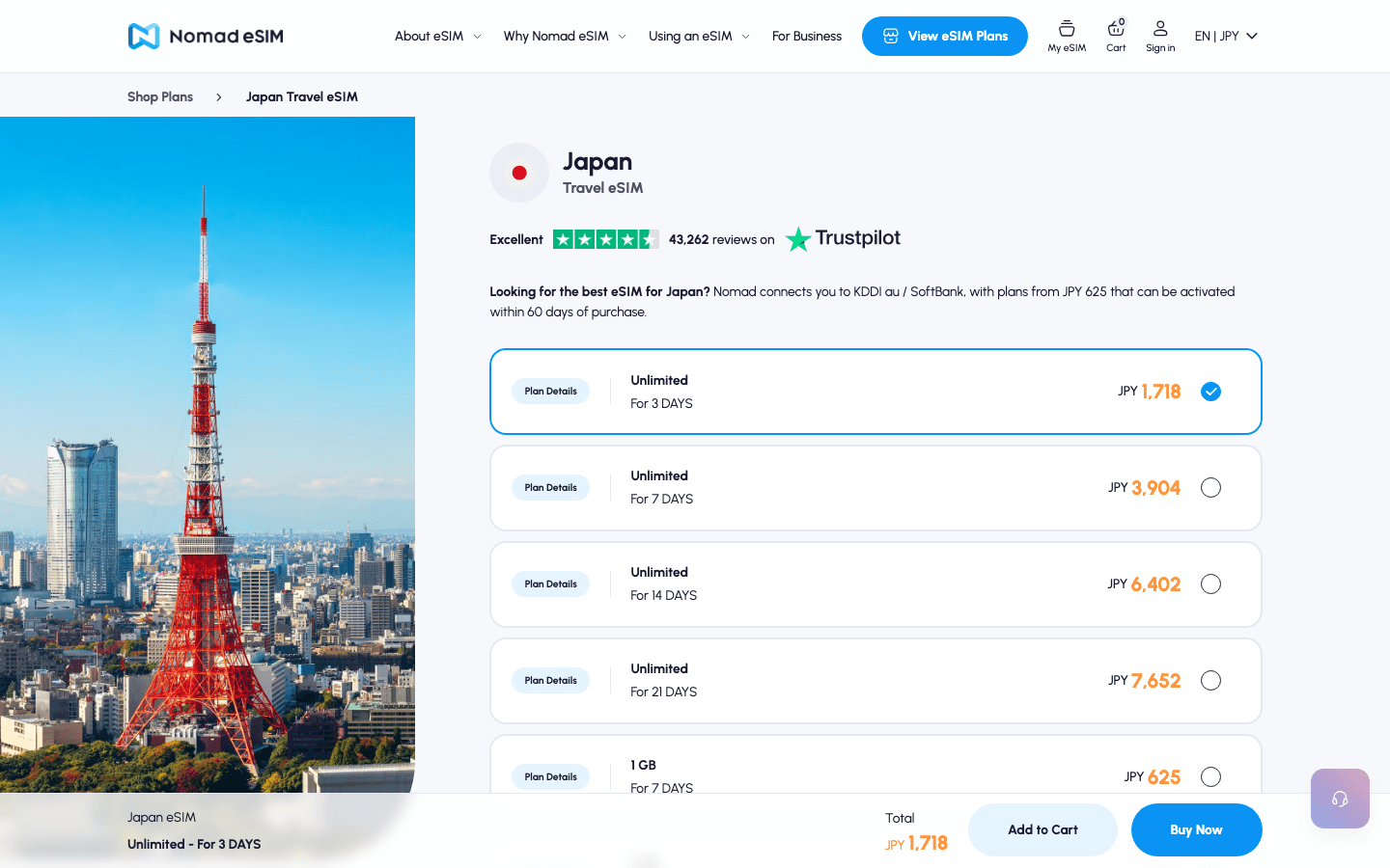 Nomad Japan eSIM page showing unlimited and fixed data plans on KDDI au and SoftBank