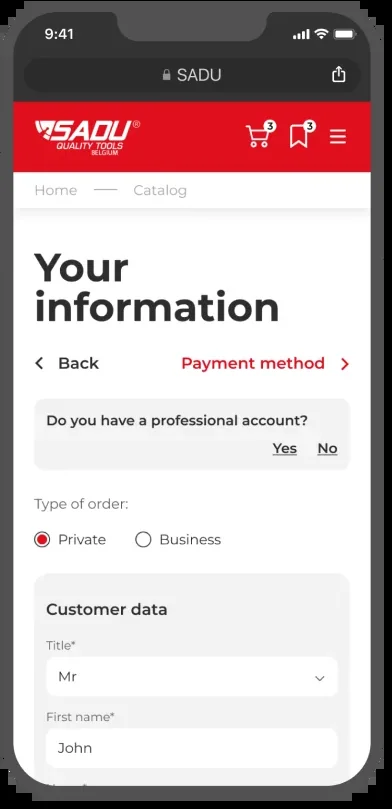 SADU mobile checkout customer information form