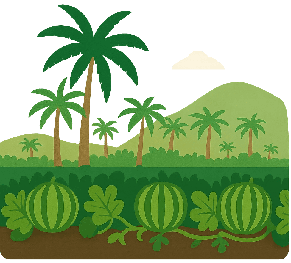 Wassermelonen Farm in Costa Rica mit Palmen und einem Berg im Hintergrund