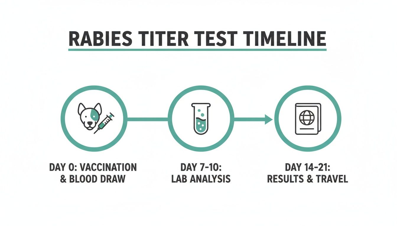 A timeline illustrating the rabies titer test process, from vaccination and blood draw to lab analysis and travel.