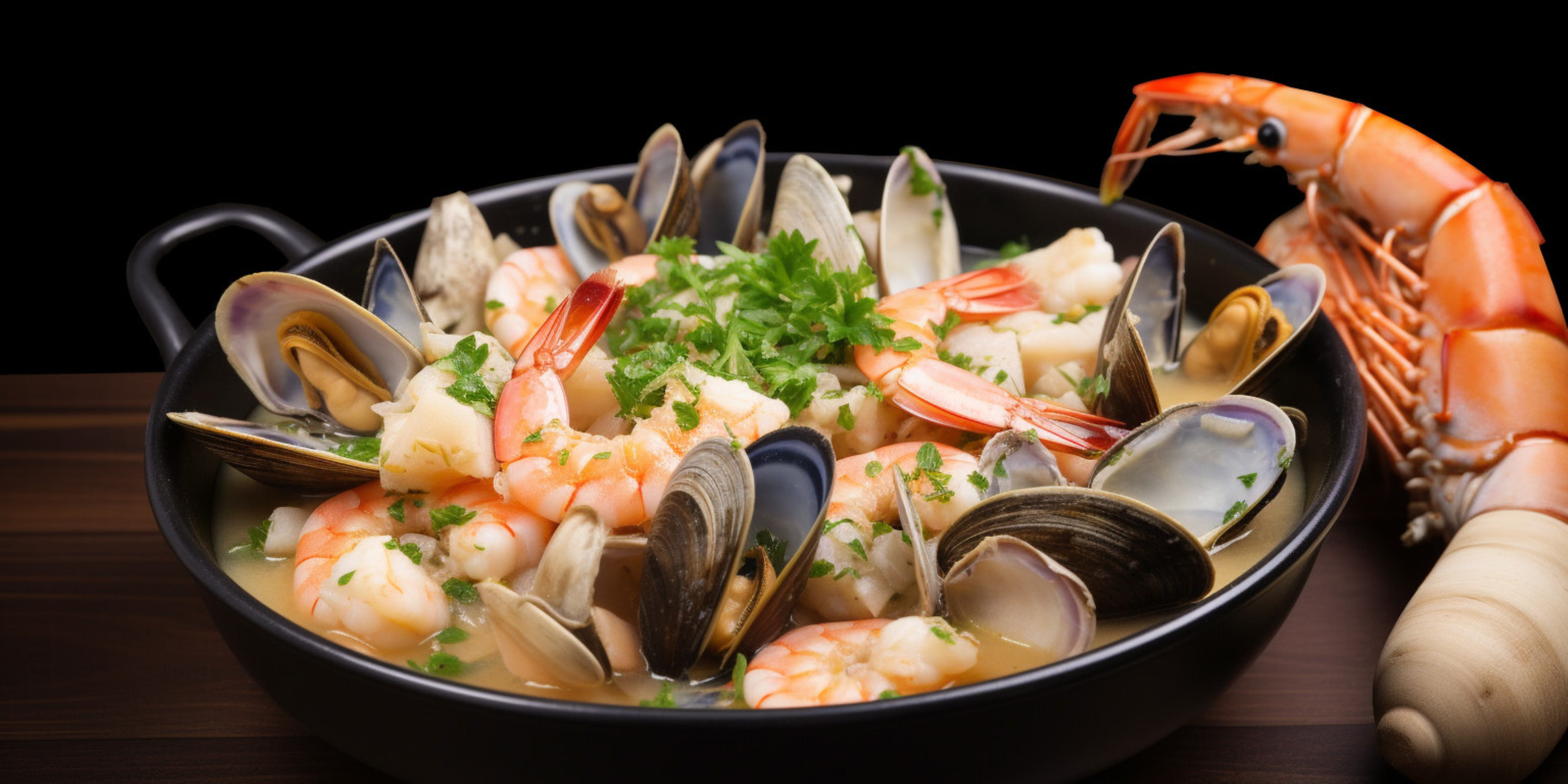 A colorful seafood dish featuring shrimp, mussels, clams, and garnished with herbs in a black bowl.