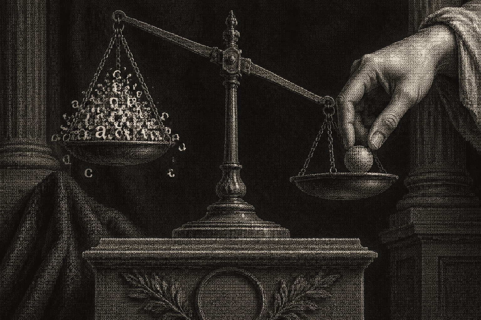 A marble hand placing a single small pink token on one pan of an antique balance, outweighing a heap of loose characters on the other pan