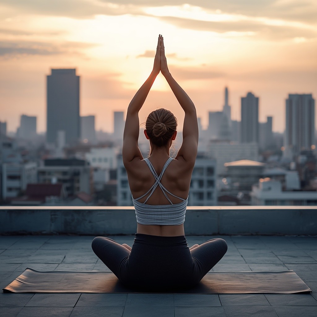 Guest in a yoga pose on the HostelX rooftop at sunrise with the Bangkok skyline