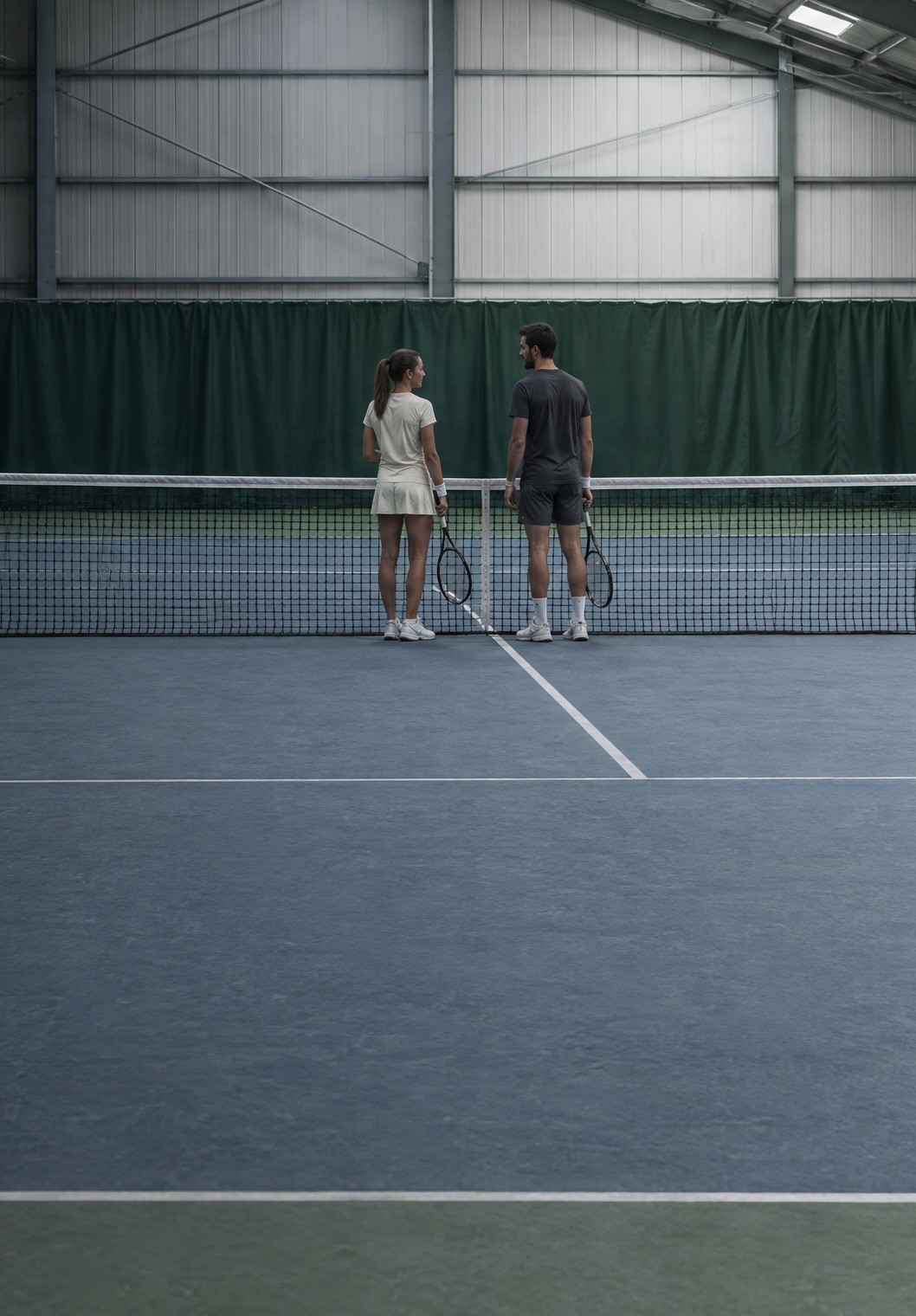 Two tennis players talking at the net on the indoor courts