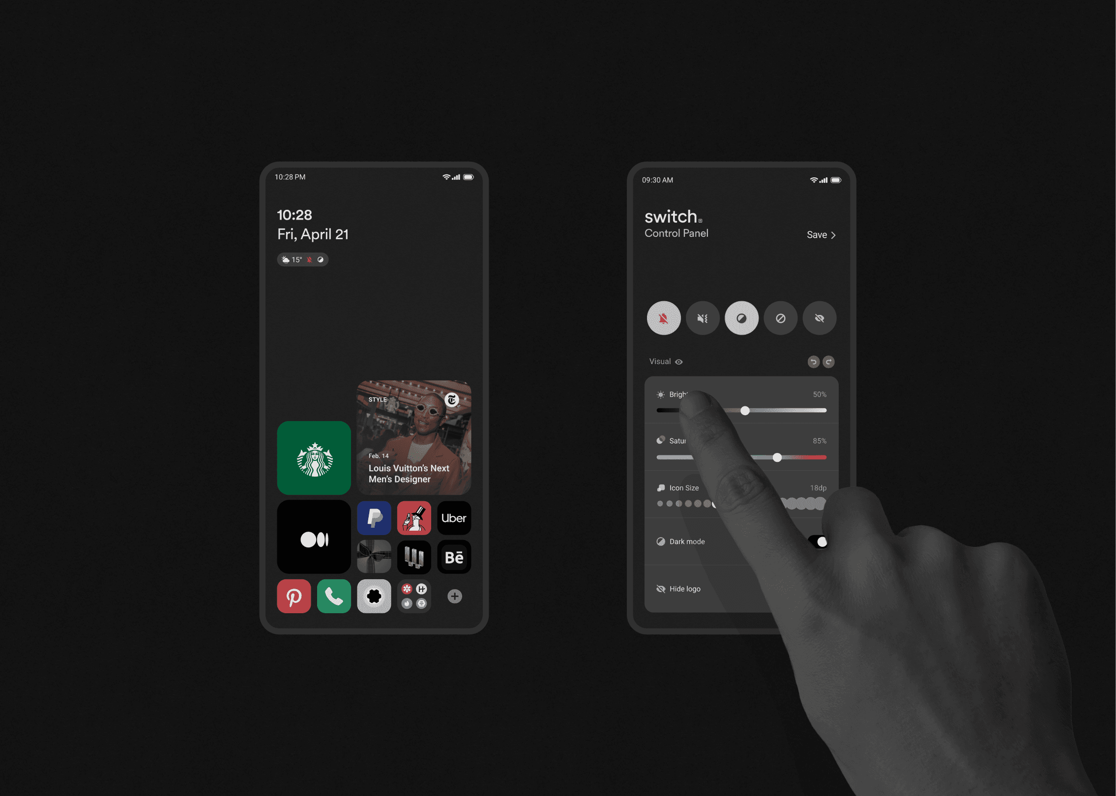 A grayscale image shows a hand pointing at a smartphone screen displaying “Control Panel” at the top. The screen shows various icons including a Starbucks logo, a calendar icon labeled “Fri. April 21,” and several app icons including a clock, calendar, messaging, and settings icons. The phone’s top bar shows the time as 10:28 PM and battery level at 15%. The background is solid black.