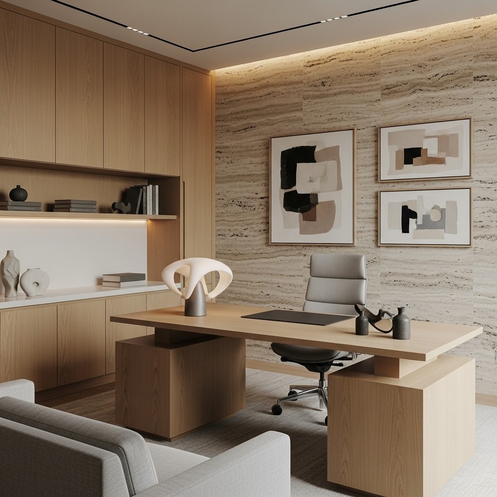 Minimal luxe office concept with warm neutrals, built-in shelving, and soft daylight.