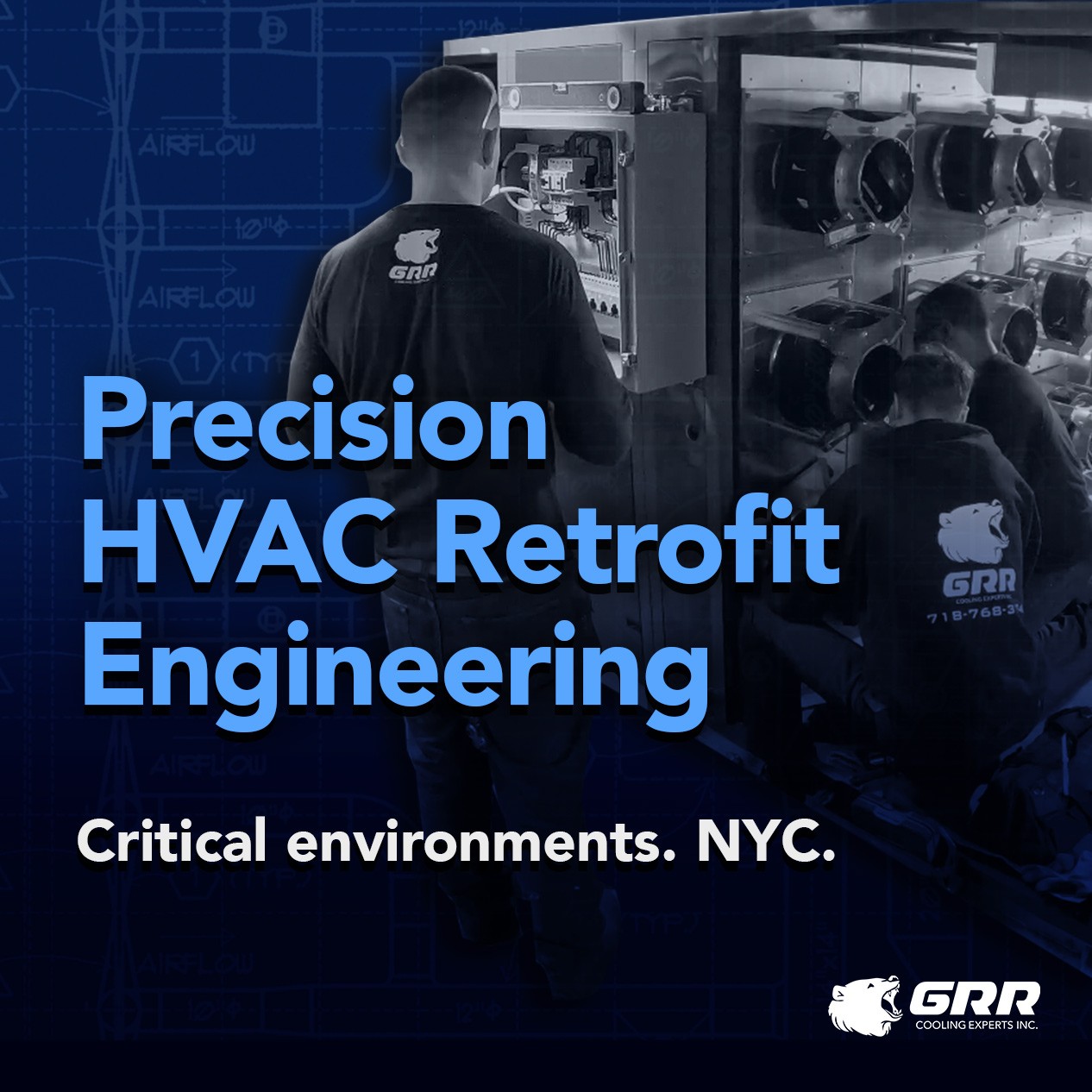 GRR technicians performing an HVAC retrofit on a fan array in a mechanical room, highlighting precision retrofit engineering for critical environments in NYC and the Tri-State.