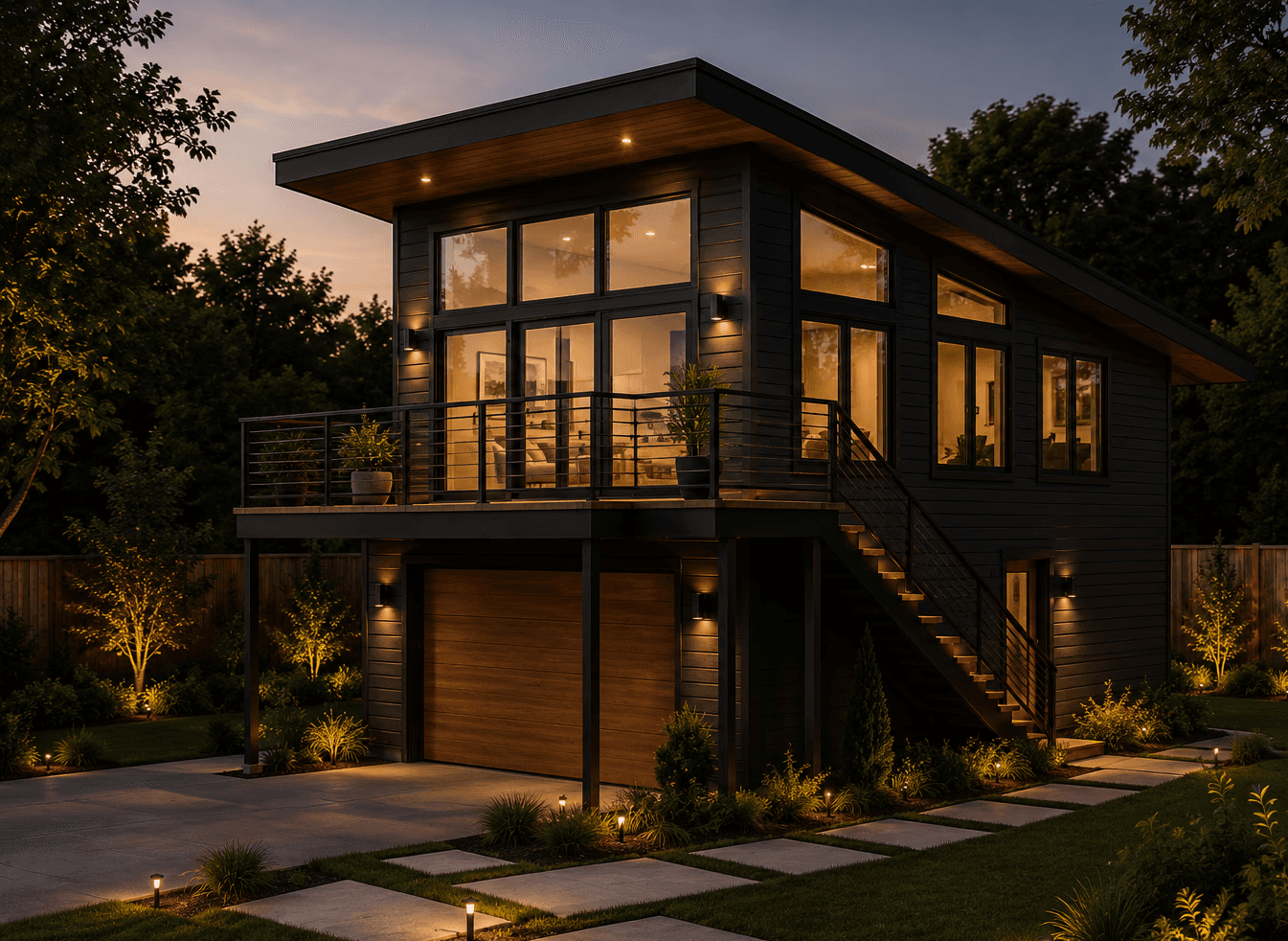 Modern two-storey backyard suite with large windows, warm exterior lighting, elevated balcony, and luxury contemporary architecture by UR-SPACE in Calgary.